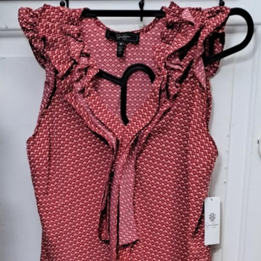 NWT Jessica Simpson Red Pink Geometric Print Ruffle Tie Front Blouse